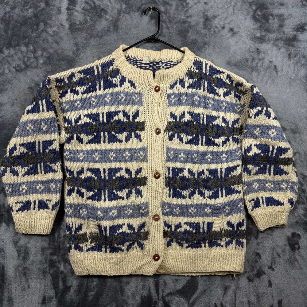 Rey Wear Cardigan Sweater Mens Large Blue Fair Isle 100% Wool Hand Made Ecuador